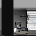 Upholstered Lounge Chair With Rolled Back Wooden Frame Potted Plant Wall Shelf Shadows