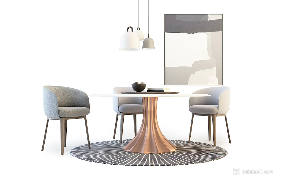 Modern Dining Table Set With Light Gray Chairs Copper Base And Pendant Lights 3d model