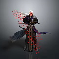 White Haired Man In Black Armor Holding Sword With Red Petals And Gray Background