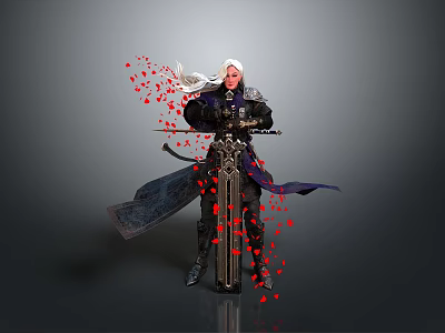 White Haired Man In Black Armor Holding Sword With Red Petals And Gray Background 3d model