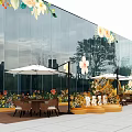 Vibrant Floral Art Scene With Colorful Flower Arrangements Outdoor Tables And City Skyline