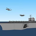 Aircraft Carrier In Ocean With Helicopter And Fighter Jet Flying