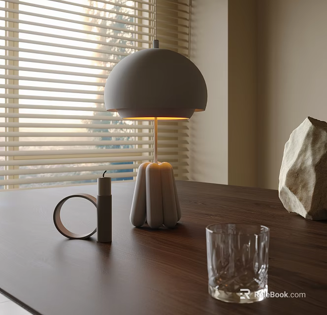 Modern Table Lamp with Dome Shade on Wooden Table and Decorative Items Near Window Blinds 3d model 