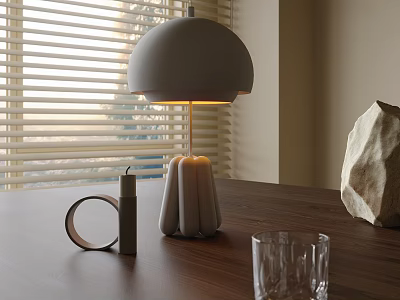 Modern Table Lamp with Dome Shade on Wooden Table and Decorative Items Near Window Blinds 3d model