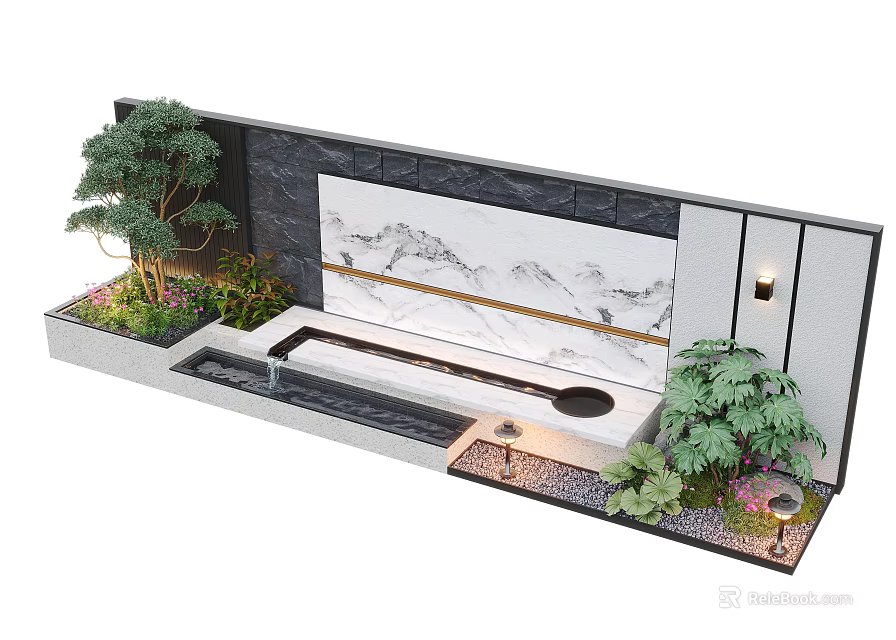 Modern Landscape Wall Design With Marble Pattern Water Feature And Green Plants 3d model
