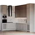 Modern Kitchen Interior With Marble Wall Cabinets Range Hood Sink And Appliances