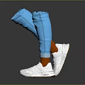 White Casual Sneakers Worn With Blue Pants On Legs Against Gray Reflective Floor