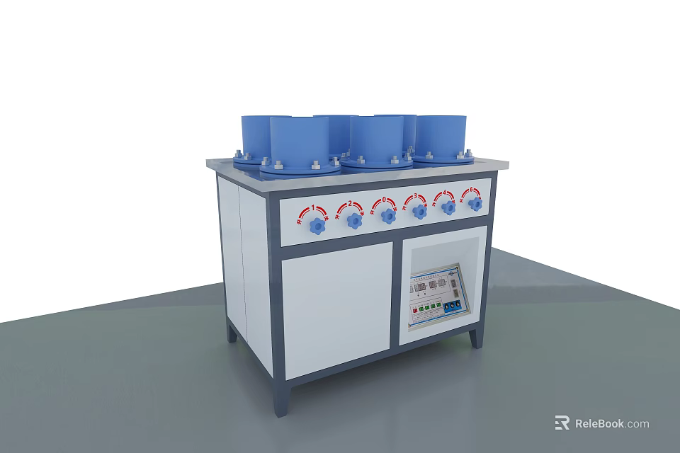 Commercial Equipment With Blue Containers On Countertop Knobs Control Panel And Cabinet 3d model