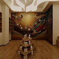 Traditional Tea House Interior With Wooden Shelves Tea Sets Warm Lighting And Display Areas