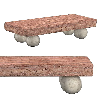 Rustic Coffee Table Featuring Wooden Grain Top And Stone Ball Shaped Legs 3d model