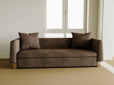 Brown Two-Seater Sofa With Cushions Wooden Legs On Wooden Floor And Window 3d model