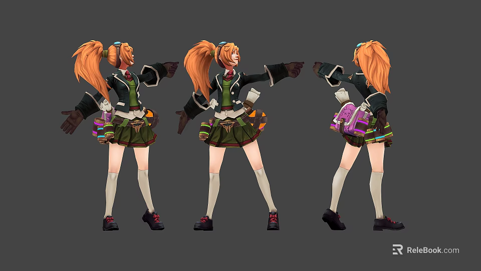 Woman With Orange Twin Ponytails In Green Black Uniform And Backpack From Different Angles 3d model 