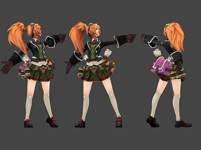 Woman With Orange Twin Ponytails In Green Black Uniform And Backpack From Different Angles 3d model
