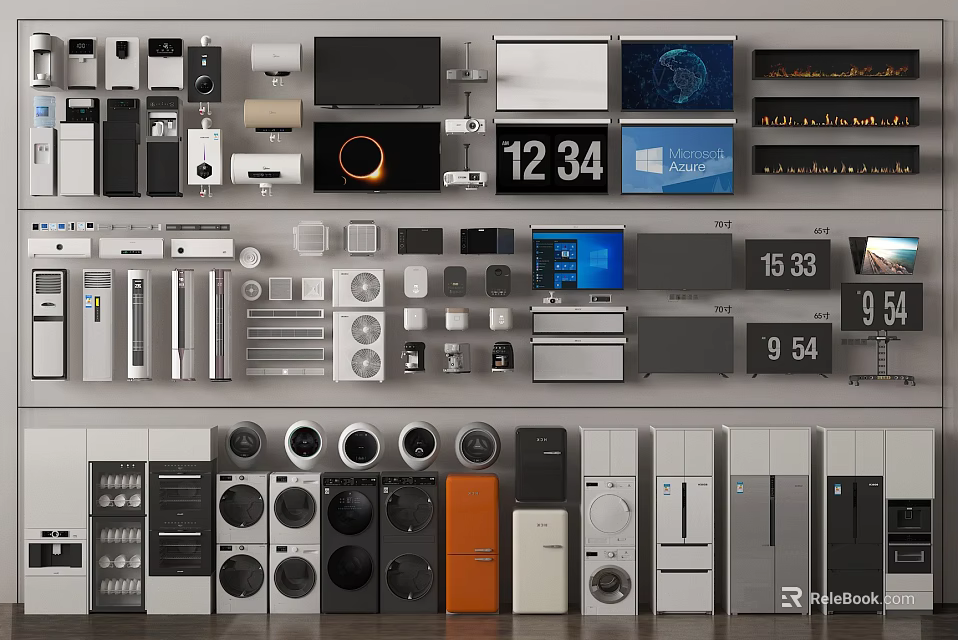 Various Modern Household Electrical Appliances Display With TVs Refrigerators Washing Machines And Ovens 3d model 