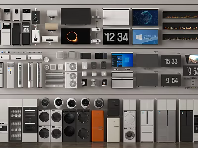 Various Modern Household Electrical Appliances Display With TVs Refrigerators Washing Machines And Ovens 3d model