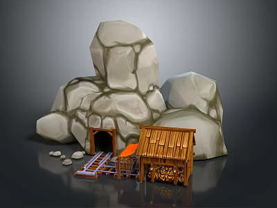 Rustic Rocky Cave Environment With Wooden Hut Rail Track Orange Object And Cave Entrance 3d model
