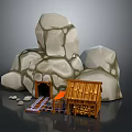 Rustic Rocky Cave Environment With Wooden Hut Rail Track Orange Object And Cave Entrance