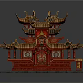 Cartoon Style Traditional Chinese Architecture Scene With Red Gold Multi tiered Roofs And Small Pavilion