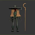 Wizard Character With Green Gray Attire Orange Cloak Wide Brimmed Hat And Long Staff
