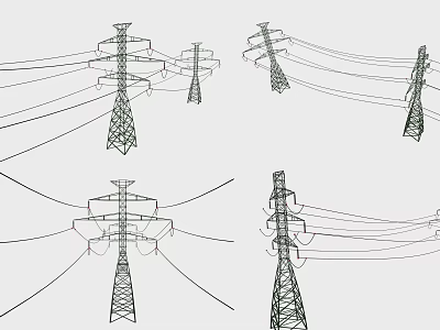 Modern High Voltage Electric Wire Outdoor Electric Tower Electric Wire High Voltage Line Transmission Station Electric Transmission Tower High Voltage Line Tower 3d model