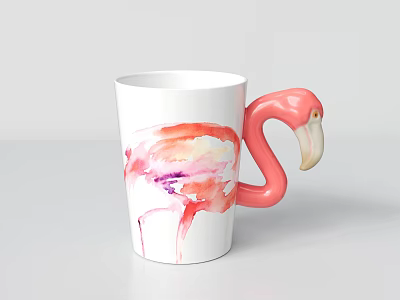 White Ceramic Mug With Watercolor Flamingo Design And Pink Flamingo Shaped Handle 3d model