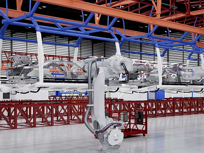 Industrial Manufacturing Plant With Robotic Arms On Assembly Line And Metal Structures 3d model