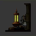 Vintage Style Glowing Lamp Set With Mechanical Elements Wooden Base And Decorative Items
