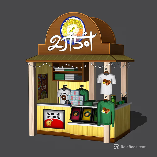 Cartoon Scene of 2150 Stall with T shirts Towels Mugs and Wooden Canopy 3d model 