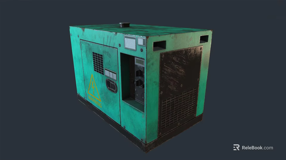 Green Industrial Generator With Control Panel Ventilation Grilles And Warning Sign 3d model 