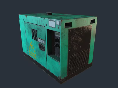 Green Industrial Generator With Control Panel Ventilation Grilles And Warning Sign 3d model