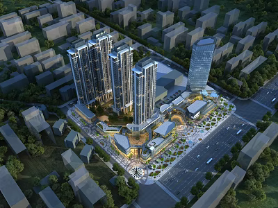 Aerial View Planning of Urban High Rise Buildings With Central Plaza Landscape and Surrounding Greenery 3d model