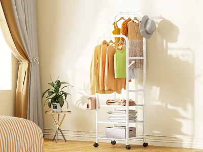 White Rolling Garment Rack With Hanging Clothes And Storage Shelves In Bedroom 3d model