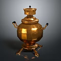 Antique Brass Teapot With Lid Handles And Three Legs On Dark Background