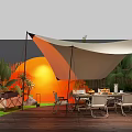 Cozy Outdoor Café With Wooden Deck White Umbrellas Tables And Green Plants