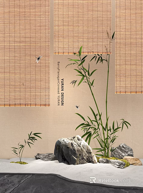 Natural Background Wall Decor With Bamboo Blinds Bamboo Plants And Stones 3d model 