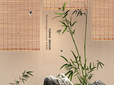 Natural Background Wall Decor With Bamboo Blinds Bamboo Plants And Stones 3d model