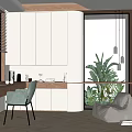 Modern Home Office With White Cabinets Wooden Desk Light Green Chair And Beige Bean Bag