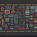 Vibrant Neon Sign Collection Featuring Night Club Bar 24H Open Happy Hour Elements