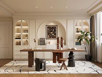 Elegant Modern Study Room Interior Design With Wooden Desk Bookshelves Green Plant And Artwork 3d model