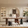 Elegant Modern Study Room Interior Design With Wooden Desk Bookshelves Green Plant And Artwork
