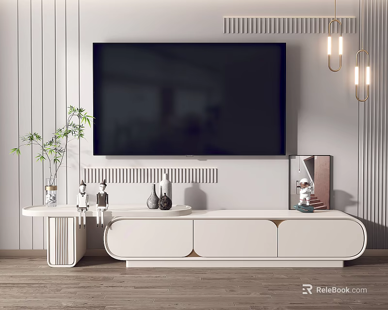 Modern White TV Stand with Large Screen TV Striped Wall and Decorative Items 3d model 