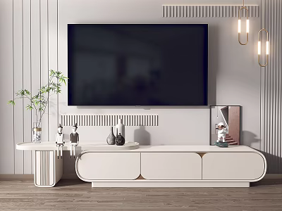 Modern White TV Stand with Large Screen TV Striped Wall and Decorative Items 3d model