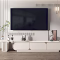 Modern White TV Stand with Large Screen TV Striped Wall and Decorative Items