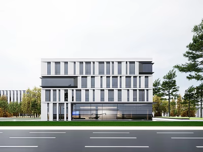 Modern Industrial Factory Building Exterior With Large Glass Windows Multi Story Near Trees And Road 3d model