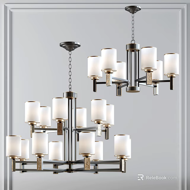 Elegant Modern Chandelier With Multiple Light Arms White Fabric Shades And Black Metal Frame 3d model 