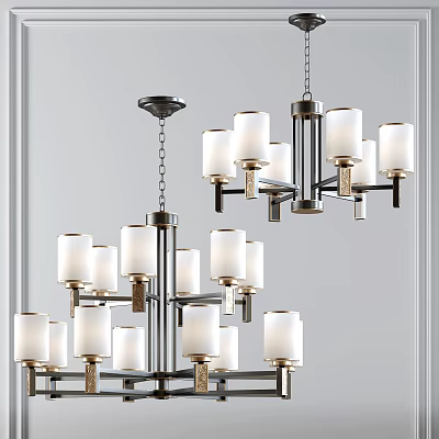 Elegant Modern Chandelier With Multiple Light Arms White Fabric Shades And Black Metal Frame 3d model