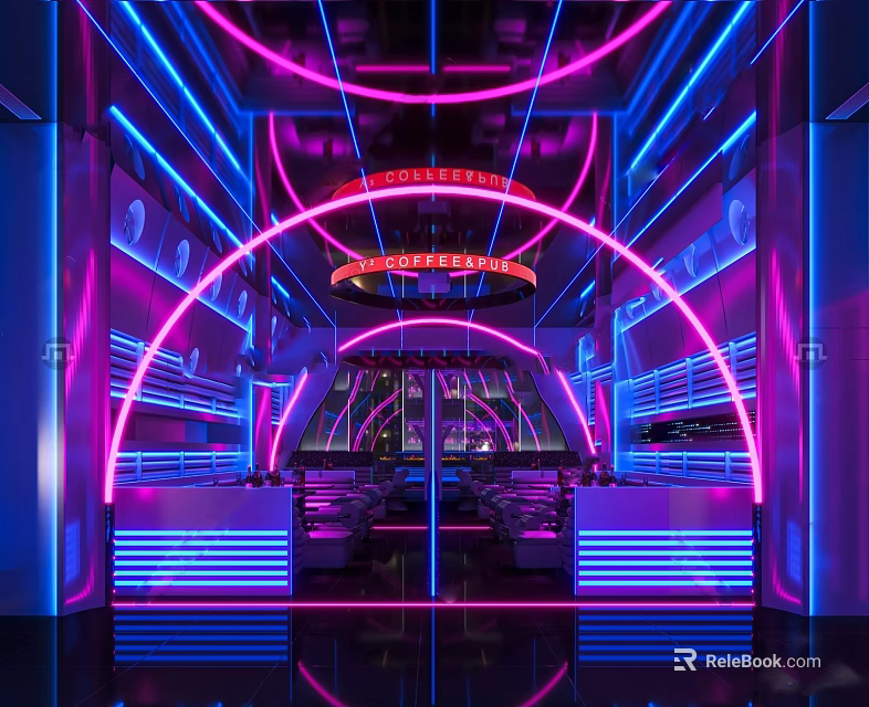 Modern Bar Interior Design With Blue Pink Neon Lights And Seating 3d model 