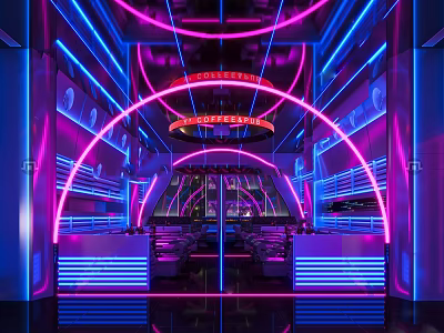 Modern Bar Interior Design With Blue Pink Neon Lights And Seating 3d model