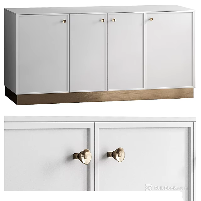 White Cabinet With Golden Base And Drawers Featuring Round Golden Handles 3d model 