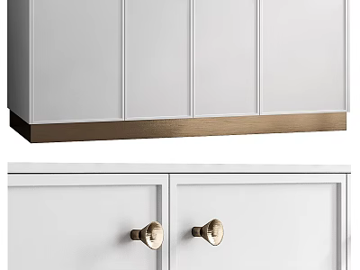 White Cabinet With Golden Base And Drawers Featuring Round Golden Handles 3d model